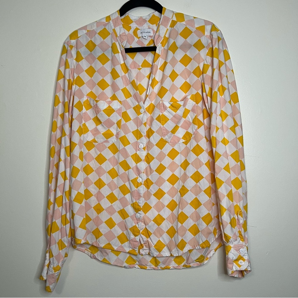 Piyama Checkered Pajama Shirt M Pink Yellow White Button Down 100% Rayon Bali
